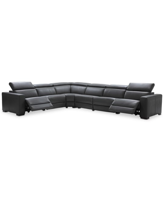 Nevio 6-pc Leather "L" Shaped Sectional Sofa with 2 Power Recliners and Articulating Headrests, Created for Macy's