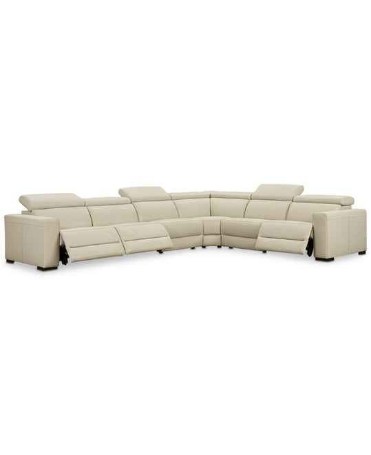 Nevio 6-pc Leather "L" Shaped Sectional Sofa with 3 Power Recliners and Articulating Headrests, Created for Macy's