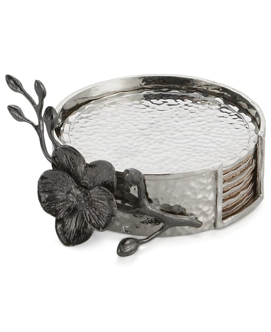 Set of 6 Black Orchid Coasters with Caddy