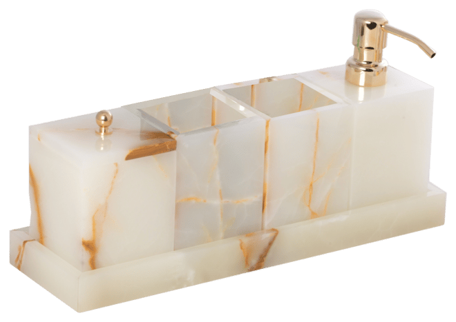 Vanity 5 Piece Marble Onyx Set with 2 Tumblers, 1 Canister with Lid, 1 Dispenser and 1 Tray