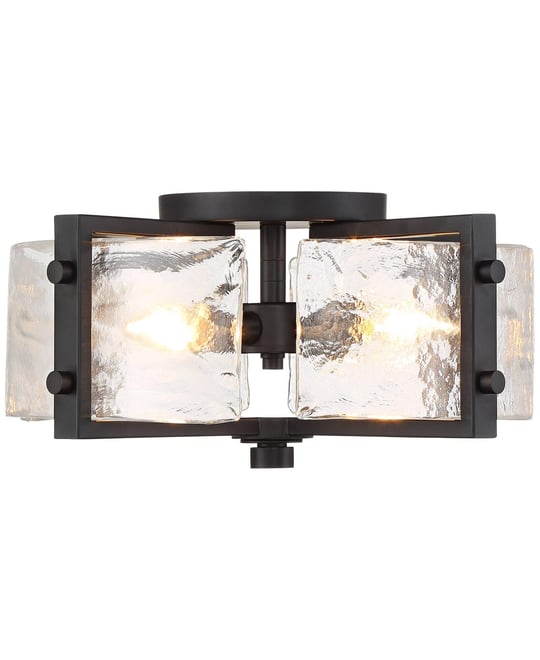 Adri Modern Ceiling Light Flush Mount Fixture 4-Light 16.50" Wide Black Metal Curved Textured Glass Panels for Bedroom Kitchen Living Room Family