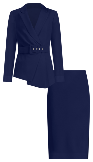 Women's Asymmetrical Belted Jacket & Pencil Skirt Suit Set