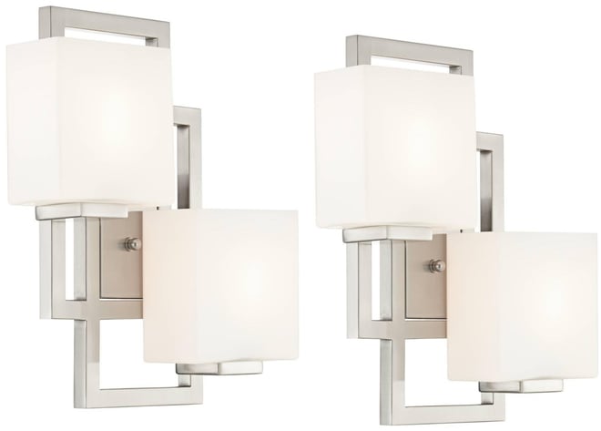 Lighting on the Square Modern Wall Light Sconces Set of 2 Brushed Nickel Hardwired 13.75" 2-Light Fixture Opal Glass for Bedroom Bathroom Vanity