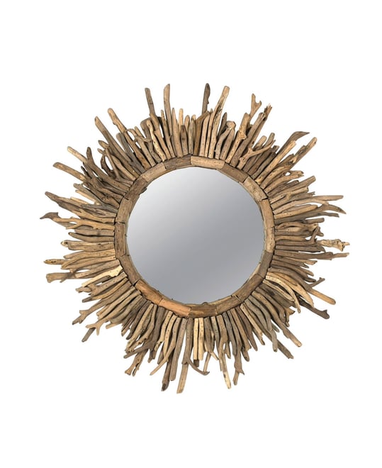 Round Driftwood Framed Sunburst Wall Mirror, Natural