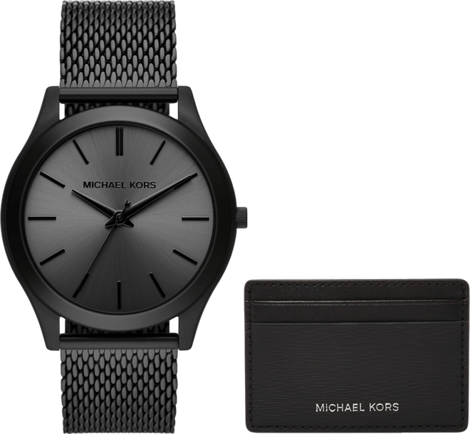 Men's Runway Three-Hand Black Stainless Steel Mesh Watch 44mm and Wallet Gift Set