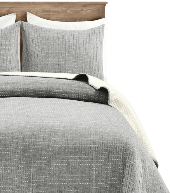 Solid Kantha Pick Stitch Yarn Dyed Cotton Woven 3-Piece Quilt Set, King