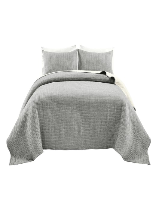 Solid Kantha Pick Stitch Yarn Dyed Cotton Woven 3-Piece Quilt Set, Full/Queen