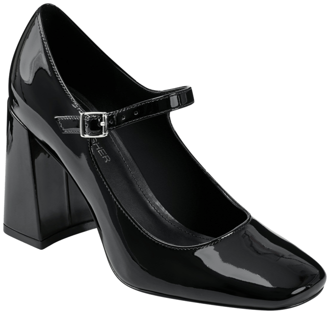 Square Toe Pearl Buckle Slip on Block High Heel Pumps, Black / US 5.5