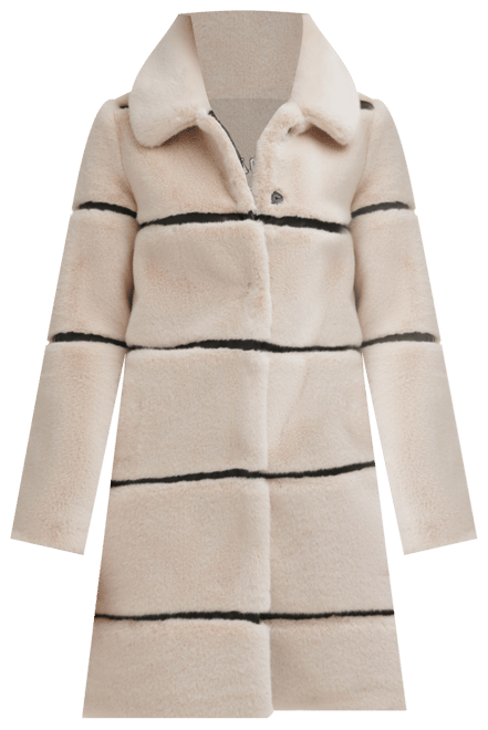 Womens Faux-Leather Trim Faux-Fur Coat