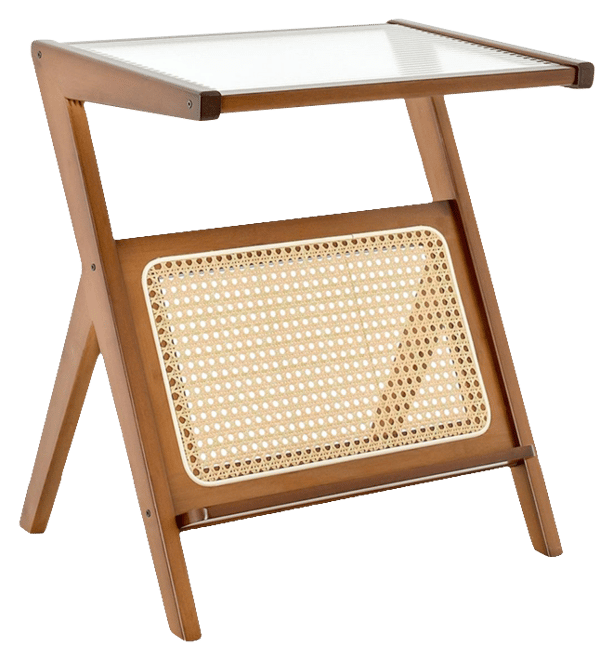 Rattan Side Table Bamboo Accent Bedside Table with Tempered Glass Top