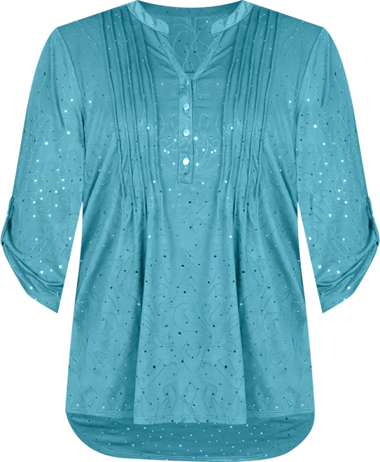 Petite 3/4 Sleeve Roll Tab Y Neck Top