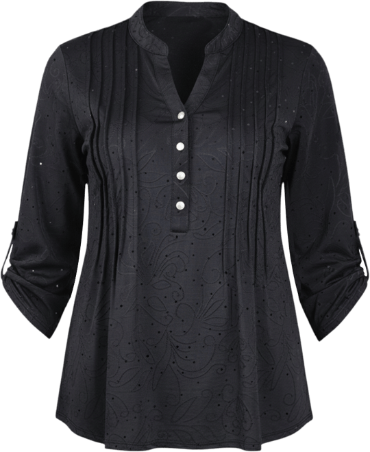 Petite 3/4 Sleeve Roll Tab Y Neck Top