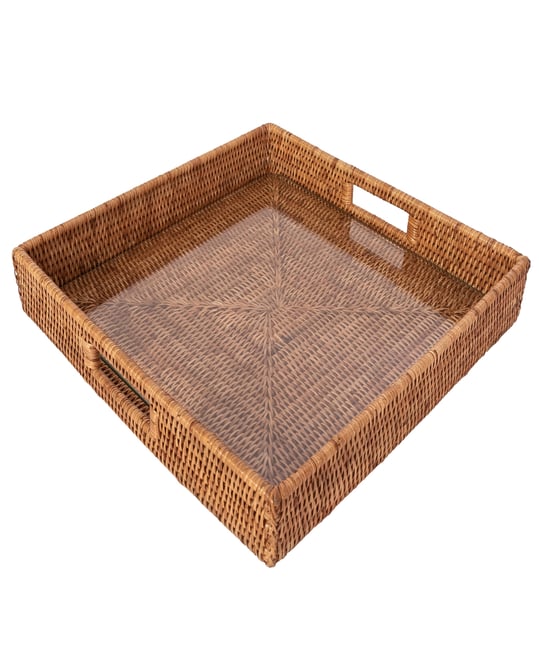 Artifacts Rattan Square Serving Ottoman Trays with Glass Insert