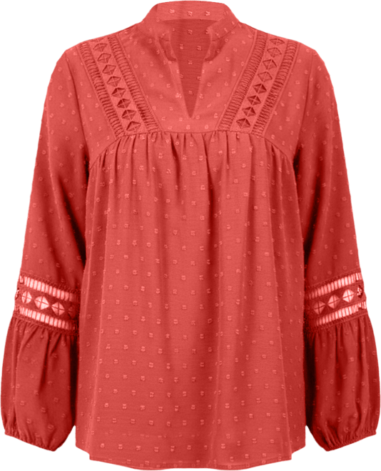 Petite Long Sleeve Blouse with Crochet Trim