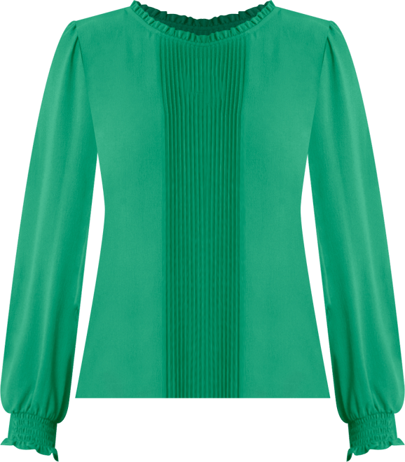 Women's Long Sleeve Smocked Cuff Pin-Tuck Front Blouse