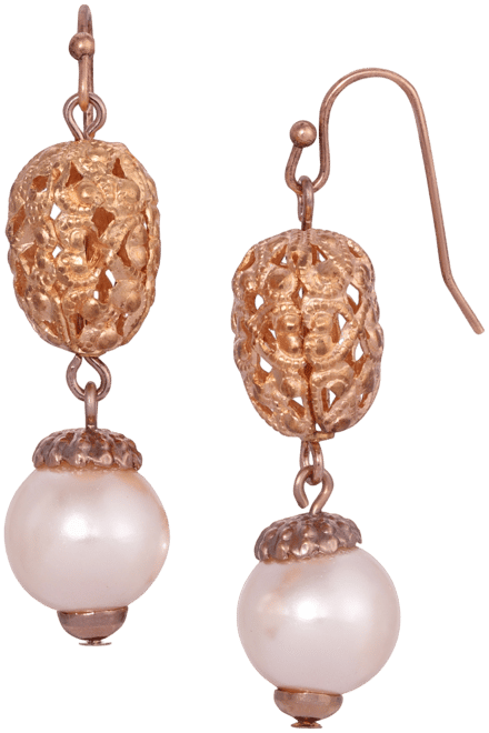 Imitation Pearl Rose Gold-Tone Filigree Drop Earrings