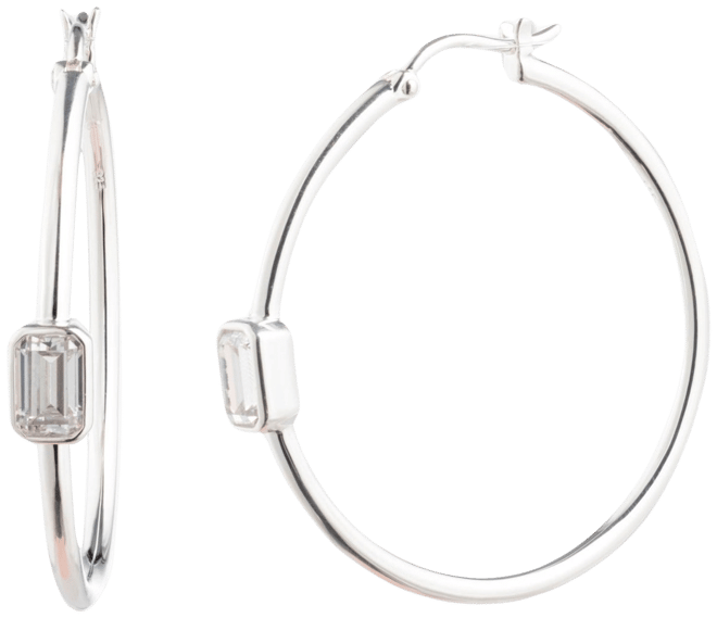 Cubic Zirconia Polished Medium Hoop Earrings in Sterling Silver, 1.52"