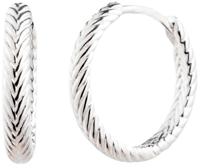 Herringbone-Look Huggie Hoop Earrings in Sterling Silver, 0.64"