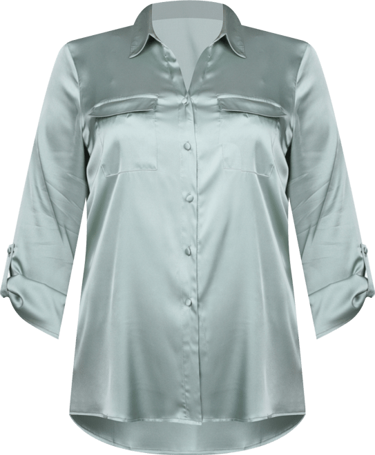 Plus Size 3/4 Sleeve Roll Tab Satin Blouse