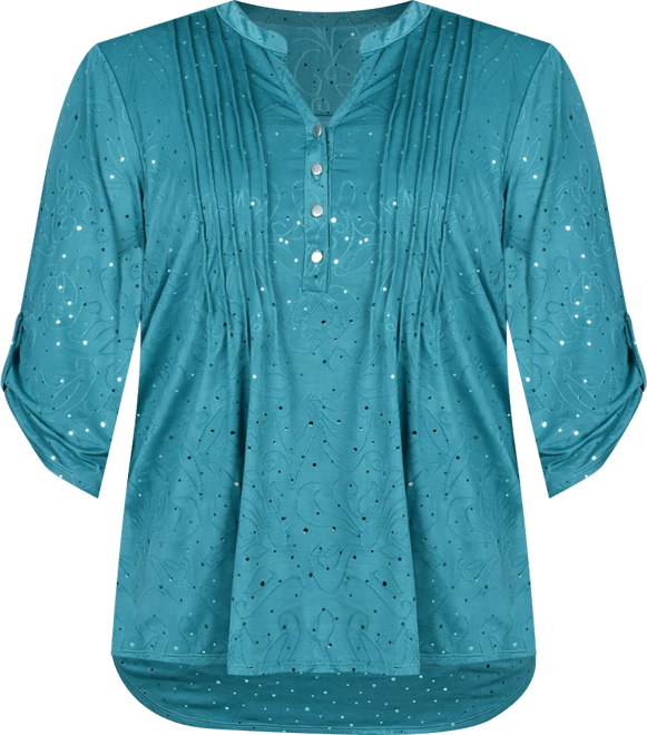 Plus Size 3/4 Sleeve Roll Tab Y Neck Top