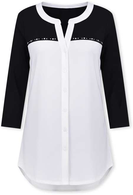 Petite 3/4 Sleeve Studded Colorblocked Split Neck Top