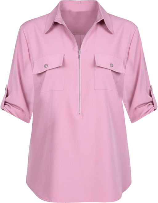 Petite 3/4 Roll Tab Sleeve Zip Front Blouse