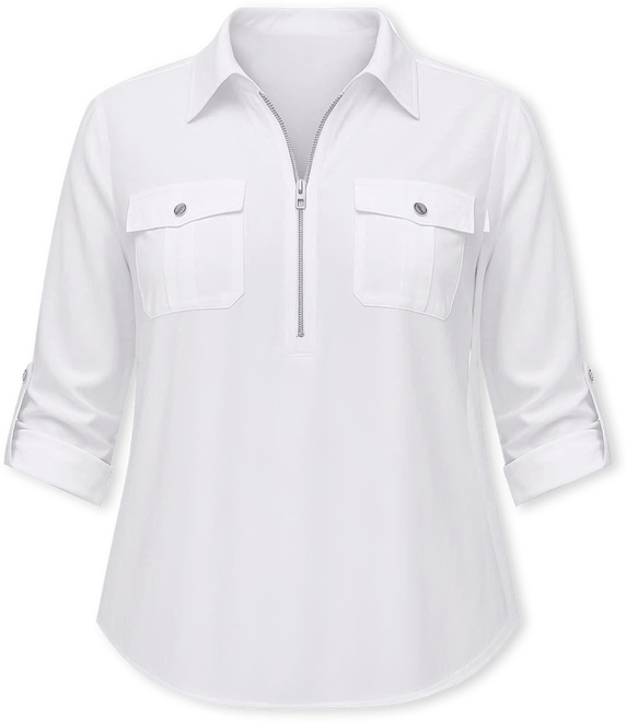 Plus Size 3/4 Roll Tab Sleeve Zip Front Top