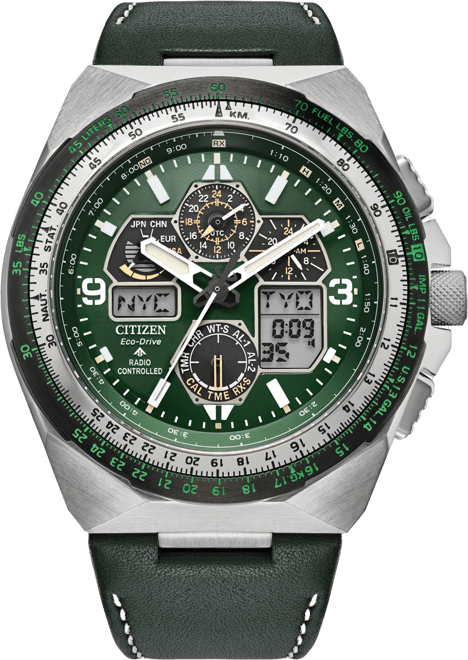 Eco-Drive Men's Chronograph Promaster Skyhawk Green Leather Strap Watch 46mm