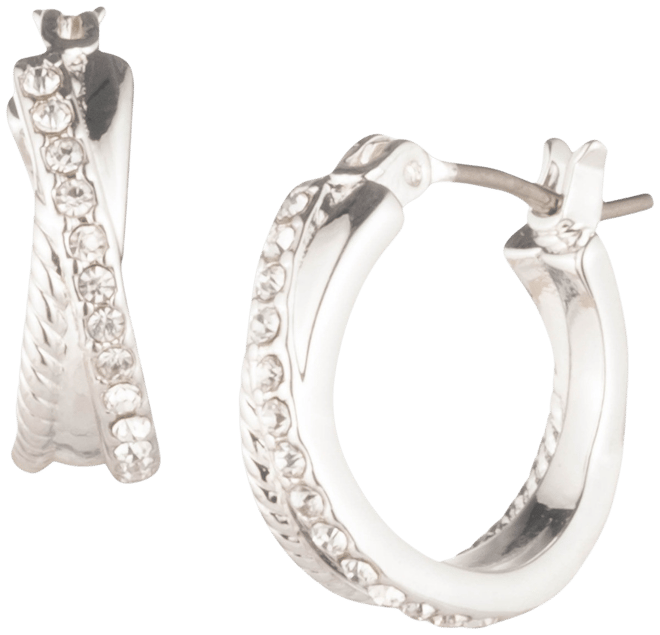 Small Twisted Rope & Pave Crisscross Hoop Earrings, 0.6"