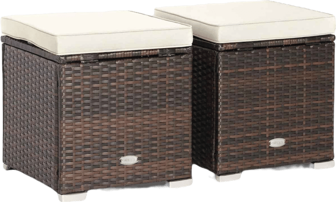 2PCS Patio Rattan Ottomans Seat Side Table Storage Box Footstool with Cushion