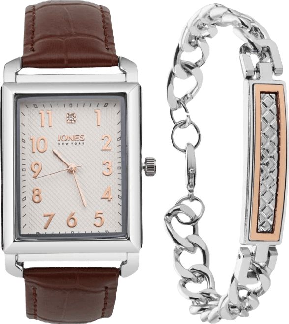 Men's Analog Brown Croc Leather Strap Watch 33mm Bracelet Gift Set