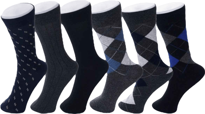 Men's Dress Socks 6 Pair Crew Sock Cotton Dress Socks for Men Solid Ribbed Argyle Pattern Multicolor Fun Designs