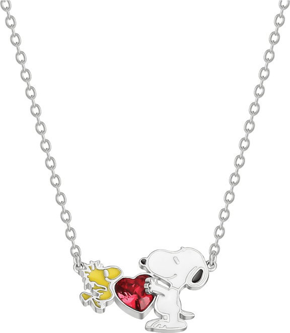 Womens Snoopy and Woodstock Red Crystal Silver Plated Heart Necklace, 18''