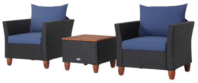 3PCS Patio Rattan Furniture Set Cushioned Sofa Storage Table with Wood Top