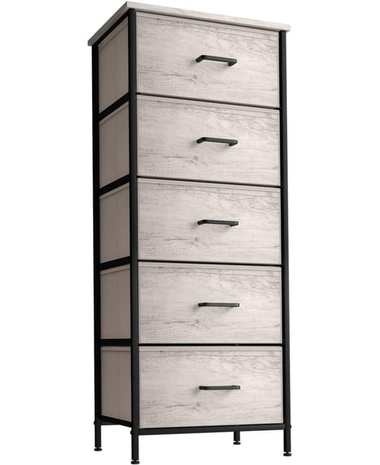 Narrow 5 Drawers Nightstand with Steel Frame, Wood Top, Easy Pull Fabric Bins for Home, Bedroom, Office & Dorm