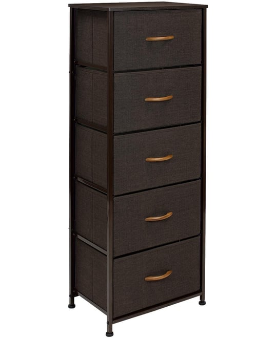Narrow 5 Drawers Nightstand with Steel Frame, Wood Top, Easy Pull Fabric Bins for Home, Bedroom, Office & Dorm