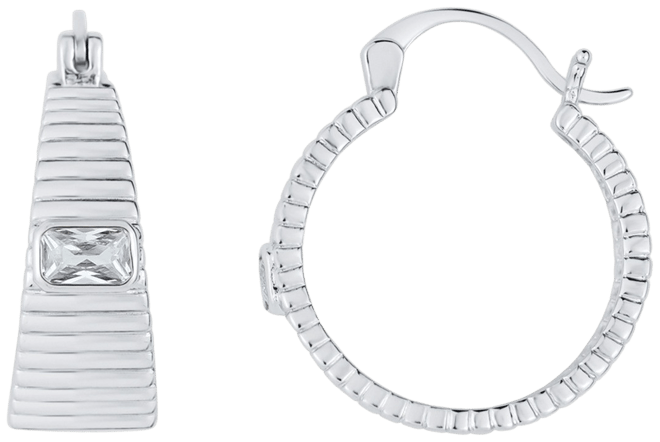 Cubic Zirconia Silver Plated Ribbed Texture Hoop Earring