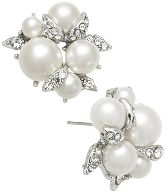 Silver-Tone Pave & Imitation Pearl Cluster Button Earrings, Created for Macy's