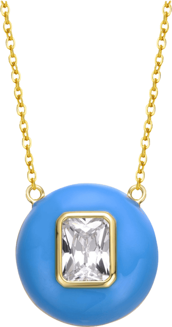 Kids 14k Gold Plated with Cubic Zirconia Radiant Solitaire Blue Enamel Small Round Pendant Necklace