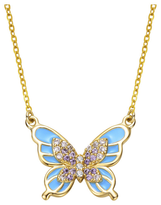 Kids 14k Gold Plated with Shades of Purple Cubic Zirconia Blue Enamel Butterfly Pendant Necklace