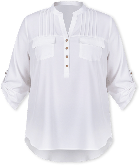 Petite Long Tab-Sleeve Blouse with Pockets