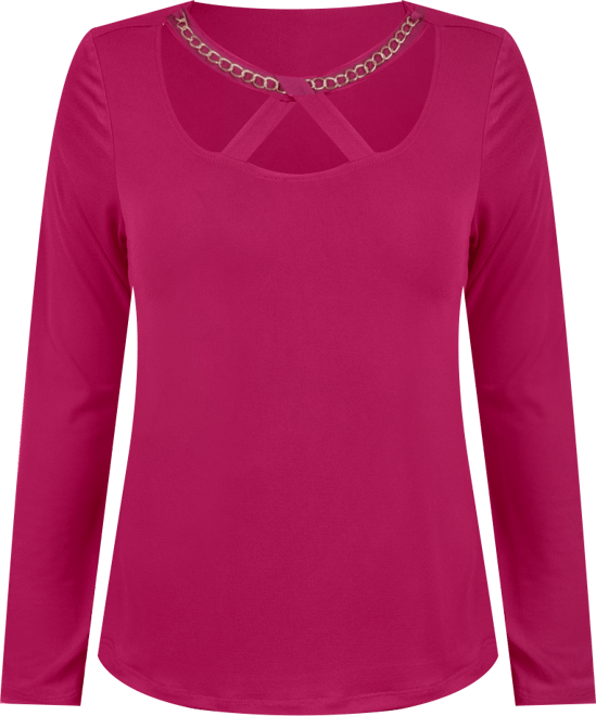 Petite Long Sleeve Jeweled Neck Top