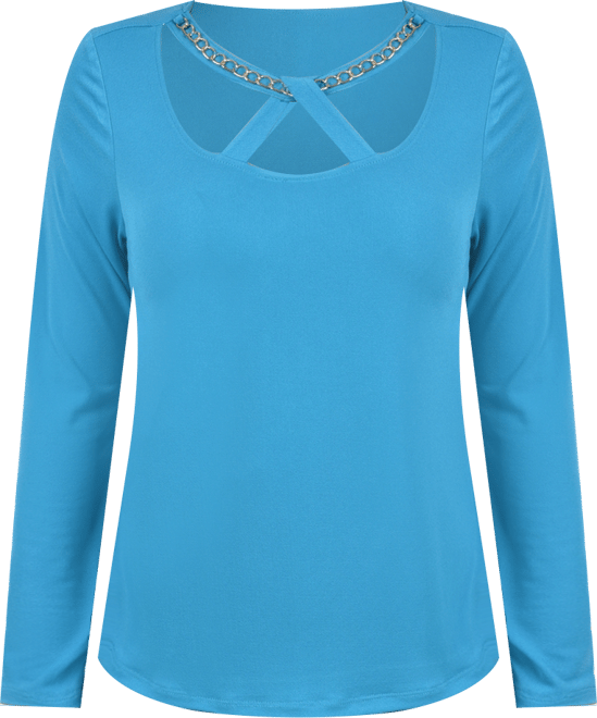 Petite Long Sleeve Jeweled Neck Top