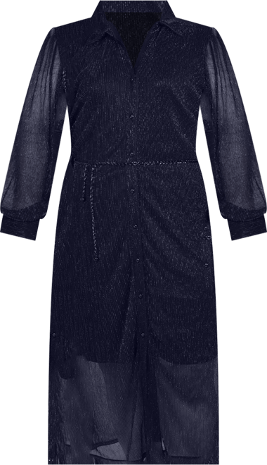 Plus Size Long Sleeve Plisse Mesh Dress with Belt