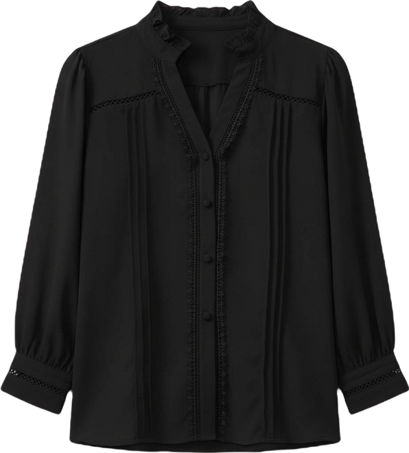 Women's Lace Trimmed Pintuck 3/4-Sleeve Button Front Blouse