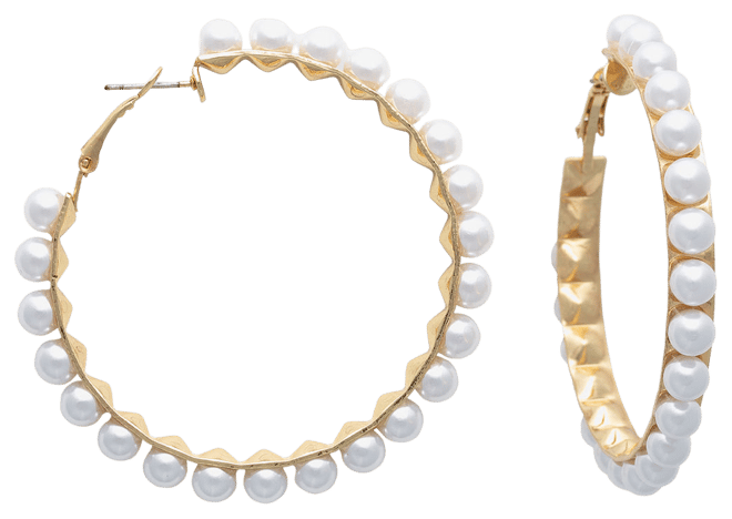 Bold Elements Womens White Simulated Pearl 52.2mm Round Hoop Earrings