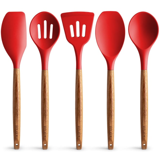 5 Piece Silicone Utensils Set with Authentic Acacia Wood Handles