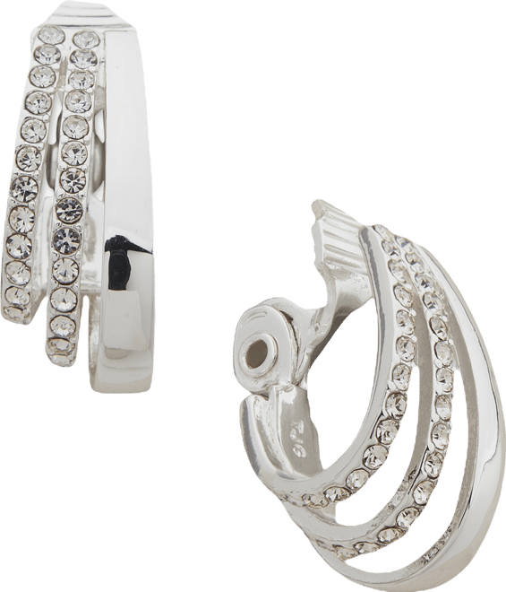 Silver-Tone Small Pave Triple-Row Clip-On Hoop Earrings