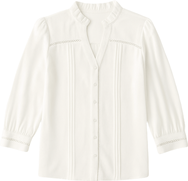 Women's Lace Trimmed Pintuck 3/4-Sleeve Button Front Blouse