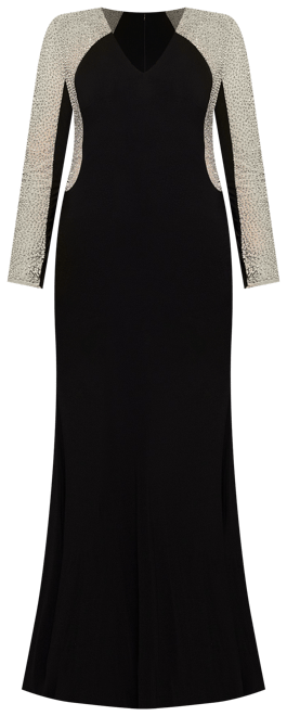 xscape long sleeve beaded dress Xscape Women's V-Neck Beaded Flutter Sleeve Sheer Matte Jersey Long Dress